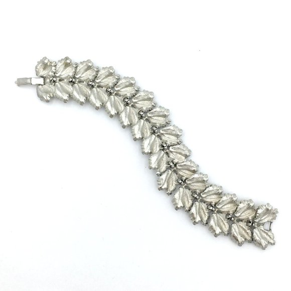 ARTICULATED LEAF panel bracelet - wide vintage silver-tone textured shiny retro - Picture 4 of 5